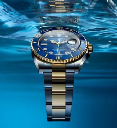 Rolex Submariner with a blue dial and gold accents, showcasing luxury and precision.
