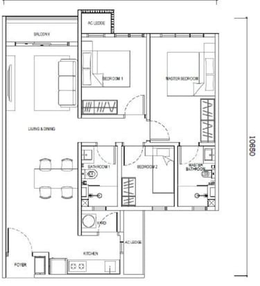 Type E1 layout – 850sf 3-bedroom 2-bathroom apartment with balcony, walk to RTS