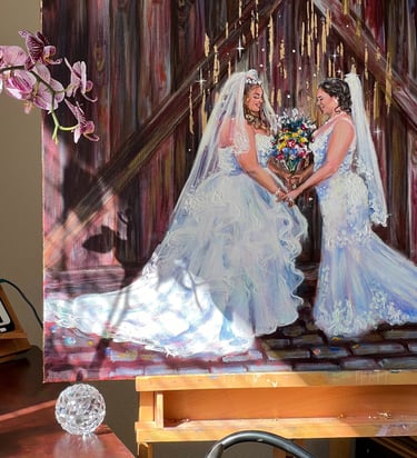 Beautiful two brides looking at each other in Live wedding painting by Nominsstudio.com