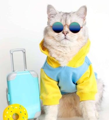 Un gato peludo con una sudadera azul y amarilla y gafas de sol junto a una mini maleta