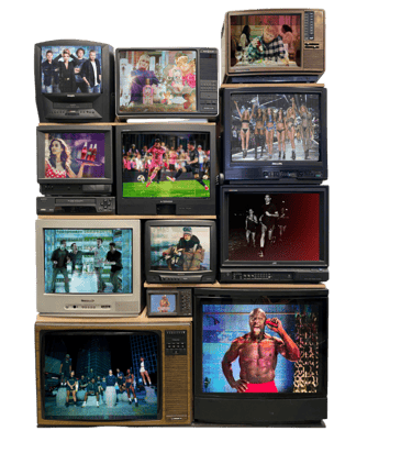 A wall of vintage CRT television monitors displaying various retro media, fashion, and sports clips.