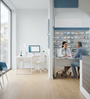 Interior moderno y elegante de un consultorio médico o farmacia, con luz natural, tonos azules y blancos, un médico profesional interactuando con un paciente en segundo plano, composición en 21:9 con espacio a la izquierda.