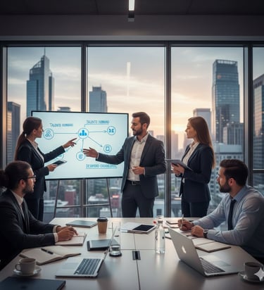 Professional business team discussing a human talent strategy chart in a modern office boardroom at sunset.