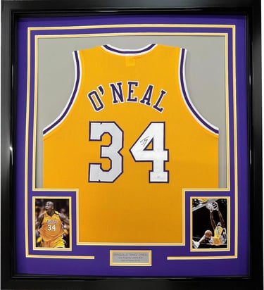 Framed Autographed/Signed Shaquille Shaq O'Neal 33x42 Los Angeles LA Yellow Basketball Jersey Becket