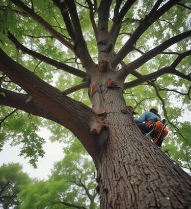A skilled arborist carefully trimming branches from a large oak tree on a sunny day.