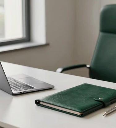 A high-end Italian professional office interior. On a white minimalist desk sits a modern laptop, an elegant leather folder, and a silver pen. The lighting is soft and natural, coming from a large window. The atmosphere is professional, serene, and sophisticated, with a color palette of off-white and deep green.