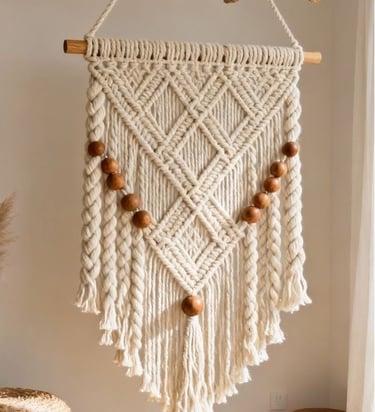 Tapiz de macramé color crema hecho a mano, con cuentas de madera y rombos