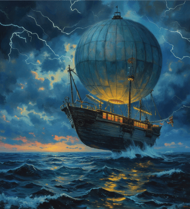 Fantasy airship painting soaring over a stormy ocean with lightning and a glowing balloon.