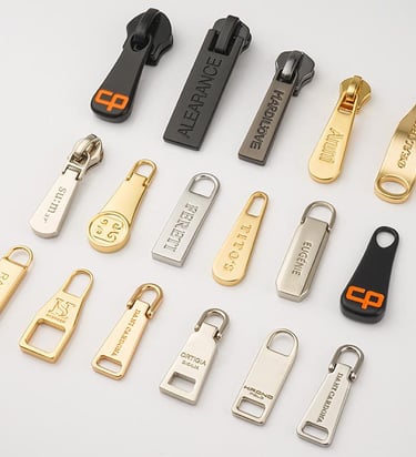 A collection of sleek and metallic custom zipper pullers, fully customizable by King Fly.