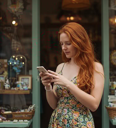 Image of woman in front of store looking at smartphone