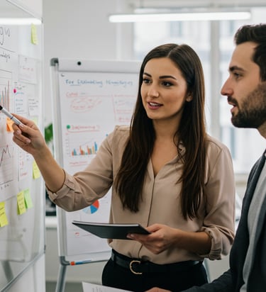 A woman and man having a discussion in front of a whiteboard with campaign results