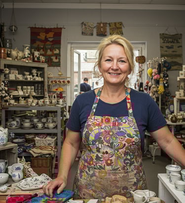 shopkeeper standing at a display of tea cups in a tea shop