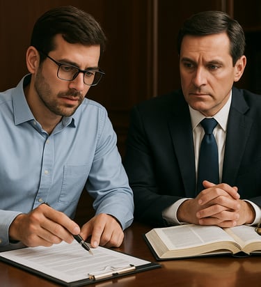 two men sitting at a table with a book and a book
