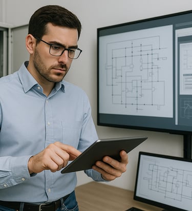 Um Engenheiro analisando um estudo em um tablet, com alguns projetos ao fundo e um quadro de proteçã