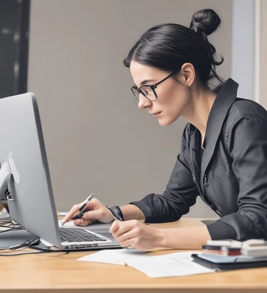 A person working remotely with a city skyline in the background.