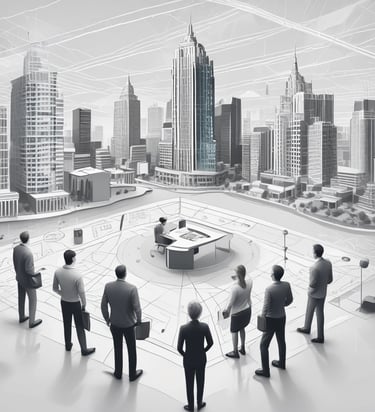 A person working remotely with a city skyline in the background.