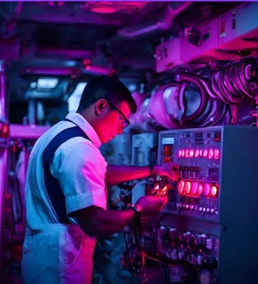 a man in a white shirt and suspender pants working on a machine