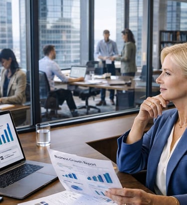 Business leader reviewing growth, leads, and business performance while overseeing a busy team