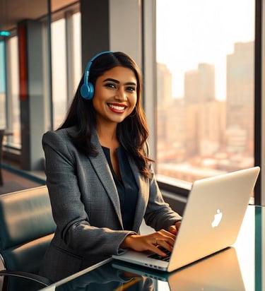 a woman in a corporate attire smiling and is wearing a blue headphone