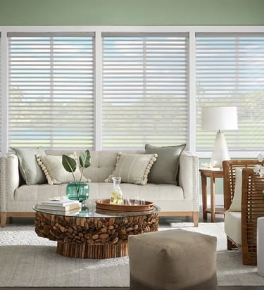 living room with sheer horizontal blinds and natural light – Rise Up Window Coverings Milwaukee