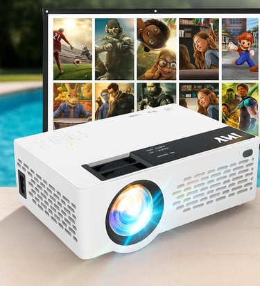 white home projector in front of an outdoor movie screen showing colorful images