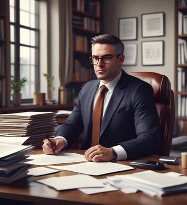 A police officer stands next to a car outside an automotive service and parts center, interacting with two men in formal attire. Yellow caution tape surrounds a small landscaped area, and several cars are parked in the background. A building with large glass windows is visible in the distance.