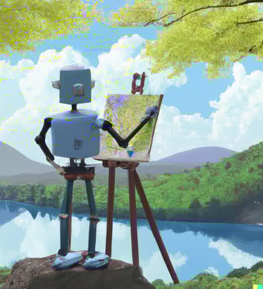 a robot painting the landscape