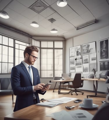 A professional consultant discussing strategies with clients in a modern office.