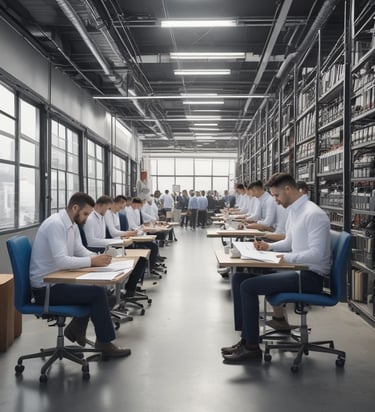 A professional consultant discussing strategies with clients in a modern office.