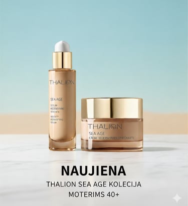THALION SEA AGE kolekcijos naujiena moterims 40+ - tankinantis serumas ir vienodinantis kremas jūrin