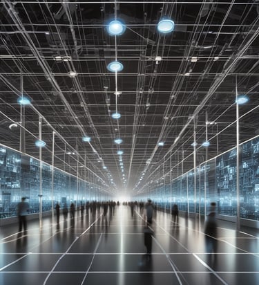 A dimly lit workspace featuring a desktop monitor displaying a website development page and a laptop showing a digital growth insights page. The setup includes a keyboard, mouse, two cups, a pen holder, and a clock displaying '02 36'. The atmosphere suggests a cozy, focused work environment.