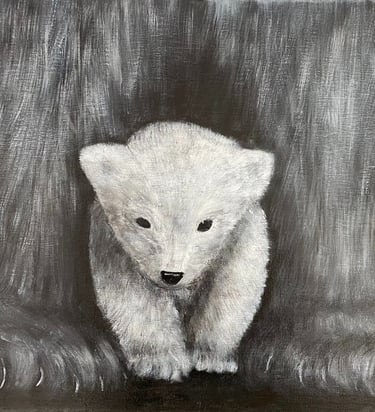 Baby Bear walking through mum's legs in Black & White, Acrylic Painting