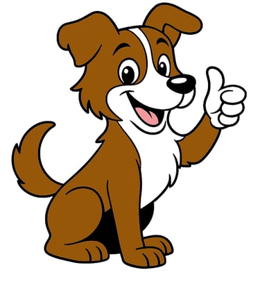 Scout the mascot, a brown and white dog giving a thumbs up and a smile