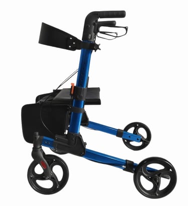 Compact blue foldable walker with four wheels and seat