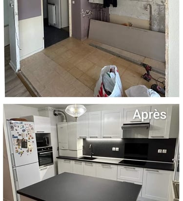 avant/après d'une rénovation de cuisine moderne avec des armoires blanches et un îlot no