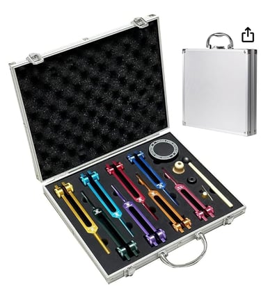 Diapasones Terapeuticos Chakras,Set de 8 con base + 1 martillos de silicona y paño de limpieza, idea