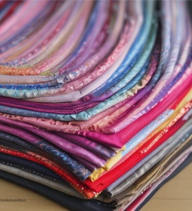 A fashion retail display features mannequins dressed in vibrant clothing. One mannequin wears a blue dress, while another is in an orange dress. Various accessories, such as handbags and shoes, are placed around the mannequins in a neatly arranged storefront. The backdrop includes paneling with artistic designs and muted lighting contributes to a chic ambiance.