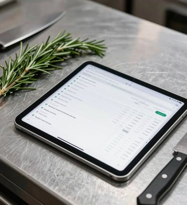 Tablet showing clean financial dashboard next to fresh rosemary and chef knife on stainless steel kitchen counter, crisp daylight
