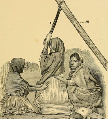 Drawing of woman giving birth with two doulas
