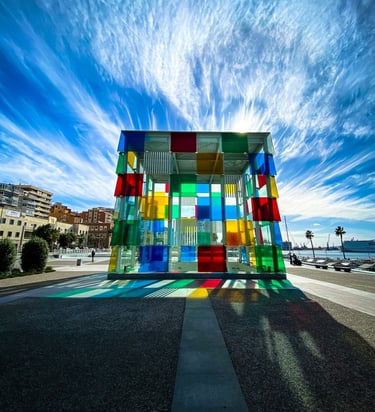 Centre Pompidou Málaga colourful glass cube building at the harbour