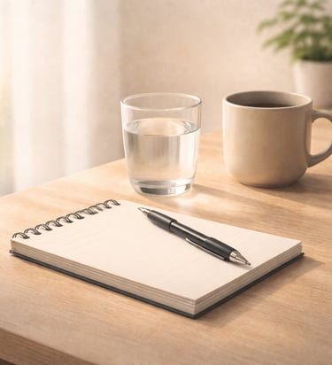 Caderno e água em luz suave, clima de clareza e retomada de direção