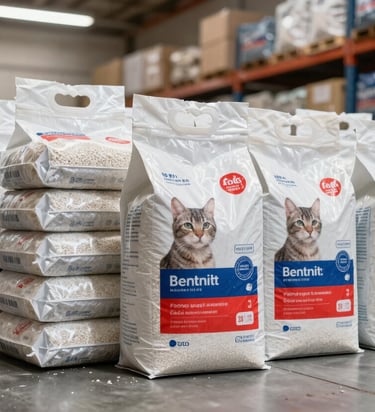 A clean, professional photograph showing high-quality white-label cat litter packaging and industrial bags of bentonite for ground wells, arranged neatly in a modern South American / Peruvian retail warehouse. The scene is well-lit with steel blue and crimson red accents on the packaging designs.