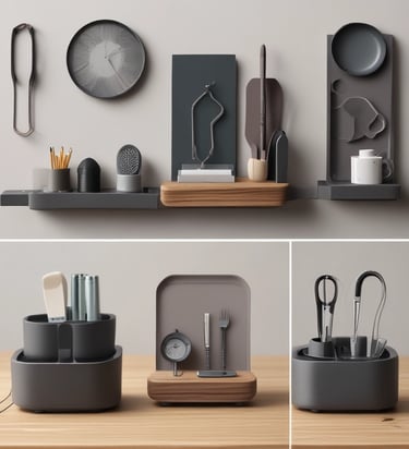 A custom 3D-printed headphone stand in neon blue glowing softly against a dark background.