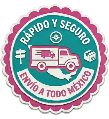 Un distintivo de envío rosa y turquesa para servicios de entrega rápidos y seguros en todo México.
