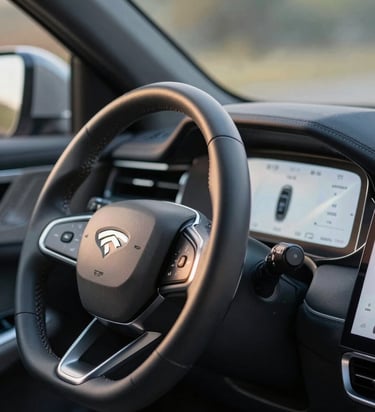 A close-up of a modern car dashboard with clean digital interfaces and a soft morning light reflecting off the steering wheel.