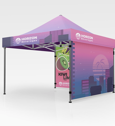 A tent with Horizon Beverages branding