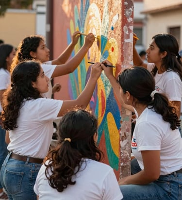 Jóvenes voluntarios pintando un mural comunitario vibrante en una pared con pinceles coloridos