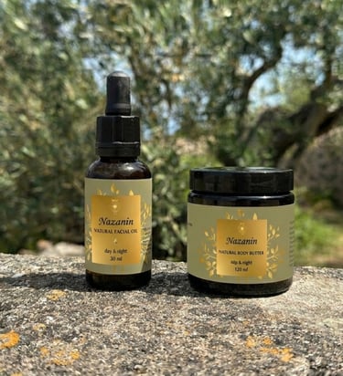 Nazanin natural facial oil and body butter skincare products outdoors on a stone wall