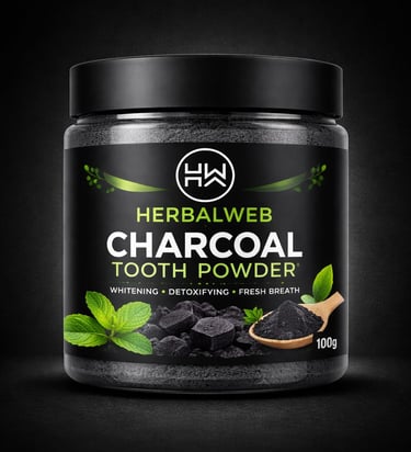 Herbalweb activated charcoal tooth powder for natural whitening and detoxifying in a 100g jar.