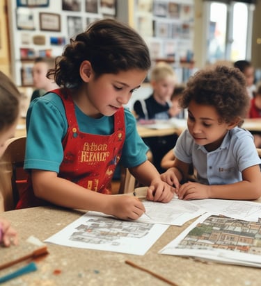 A classroom of children working together on illustrations inspired by their town’s heritage.